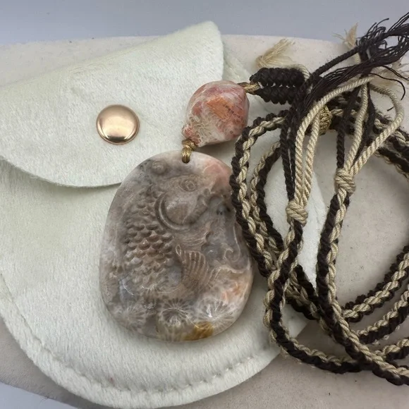 Handcrafted Coral Fossil Jade Fish Carving Pendant Necklace on Adjustable Rope - Picture 13 of 13